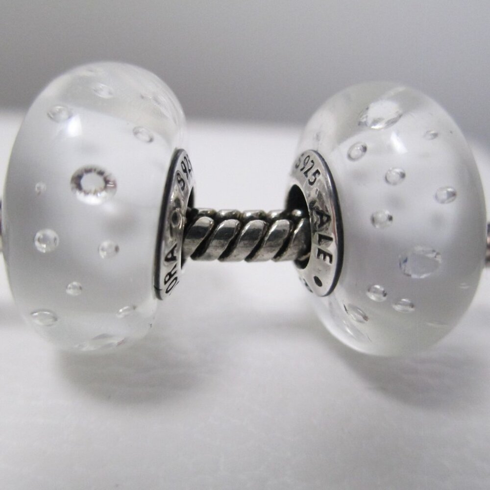 2 White Effervescence Clear CZ Pandora Murano Glass Charms September Labor Day
